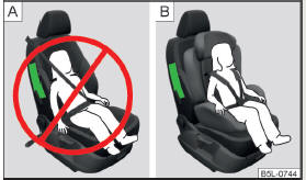 Źle zabezpieczone dziecko, siedzącew niewłaściwej pozycji, zagrożone przez boczną poduszkę powietrzną / dziecko właściwie zabezpieczone przez zastosowanie fotelika dziecięcego